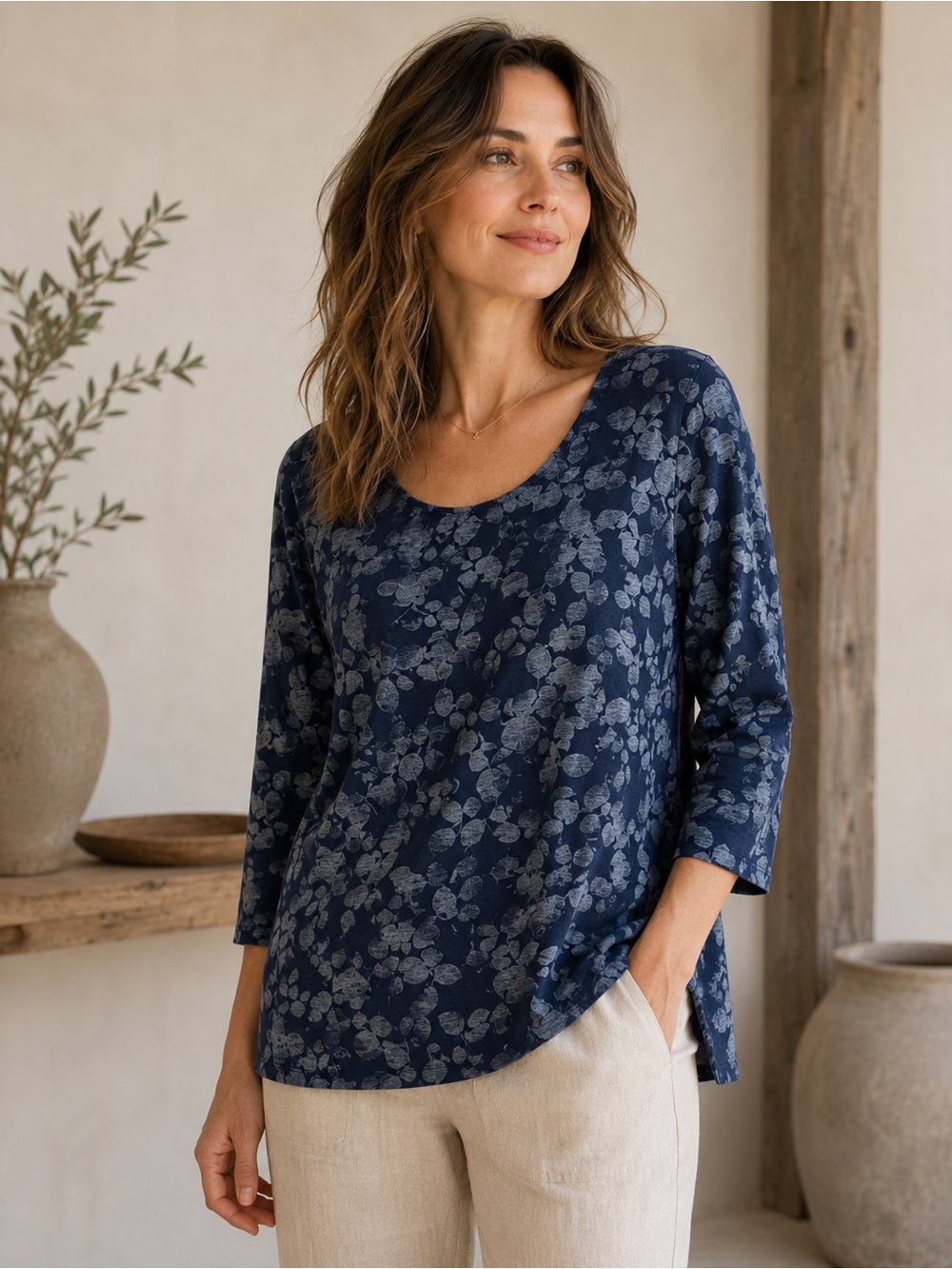 Pure J Jill XL Indigo Leaf Print Knit Top Blue Stretch Blouse Lagenlook art EUC
